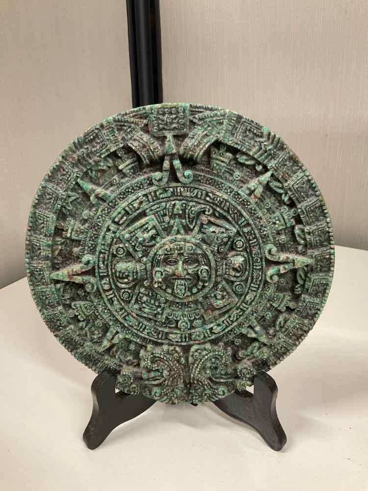 Vintage Aztec Calendar Medallion made with Malachite Composite 7"