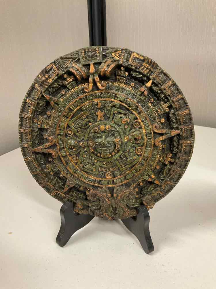 Vintage Aztec Calendar Medallion made with Malachite Composite 7"